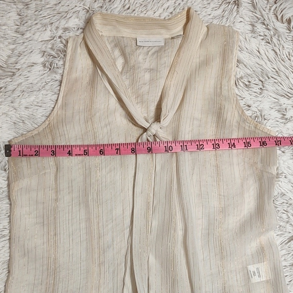 New York & Company Sheer Sleeveless Tie Neck Top Cream Gold Twee Metallic XS - Picture 6 of 10